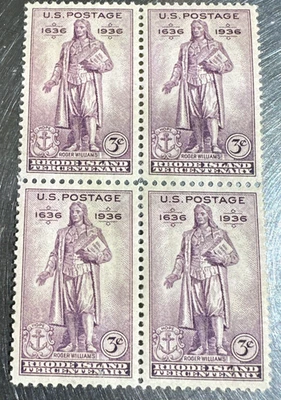 Block of 4 stamps - Scott 777 - 3 cent - Rhode Island Tercentenary - 1936 - MNH - Image 1 of 4