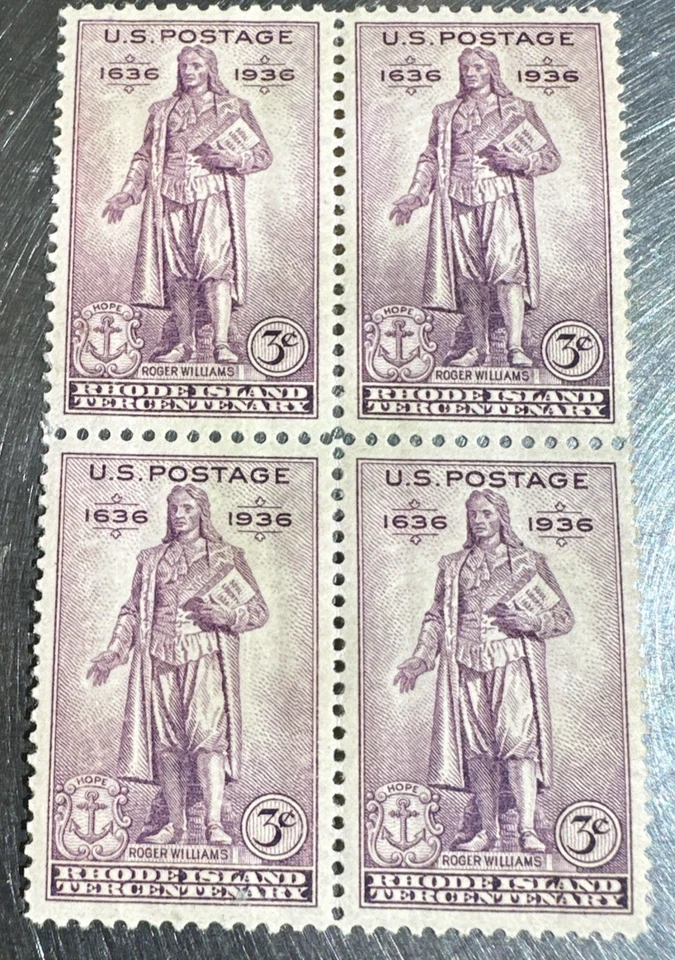 Block of 4 stamps - Scott 777 - 3 cent - Rhode Island Tercentenary - 1936 - MNH - Image 1 of 4