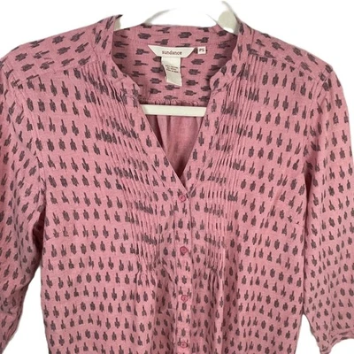 Sundance Pink Ikat Print Cotton Shirt PS Small Roll Sleeve Tunic Blouse - Image 1 of 4