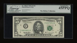 DBR 1995 $5 Atlanta Fr. 1985-F Legacy 45 PPQ Serial F09878811D - Picture 1 of 2