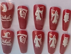 12 Red and White pre designed Glow In The Dark Halloween Press On Nails - Picture 1 of 5