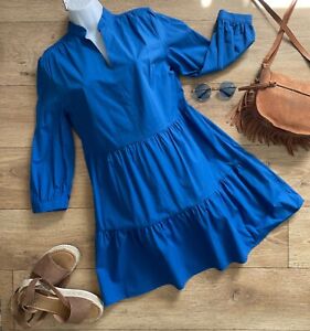 Beautiful Blue Boho Cotton Tiered Short Casual Dress 3/4 Sleeves Relaxed Fit