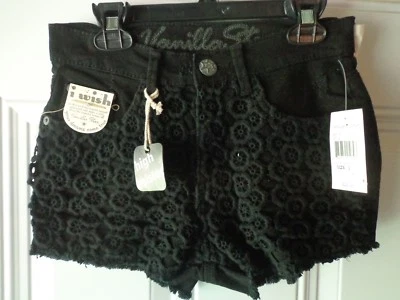 JR Womens HIGH WAIST BLACK JEAN SHORTS Crochet Lace Overlay VANILLA STAR Size 1 - Image 1 of 2
