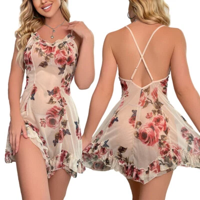 Camisón Babydoll Floral Mujeres Lencería Sexy Encaje Quimise Prendas para dormir Talla Grande Foto 1 de 4