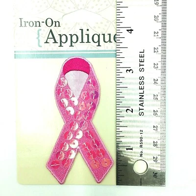 BREAST CANCER AWARENESS Appliqué Embroidered Sequins PINK RIBBON Iron-on Patch - Image 1 of 4