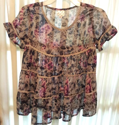 Disney Niñas Elegante Top Talla M Floral Transparente Manga Corta Volantes Capas Borde de Encaje Foto 1 de 4