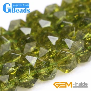 Dyed Green Peridot Crystal Quartz Beads Faceted Stone Polygonal Loose Beads 15" - Picture 1 of 18