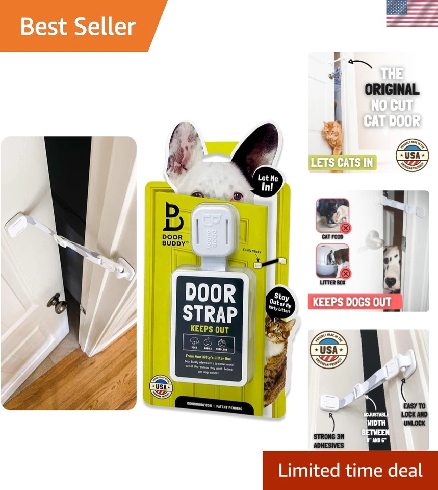 Door Buddy Adjustable Strap & Latch. Easy Way to Dog Proof Litter Box. No More