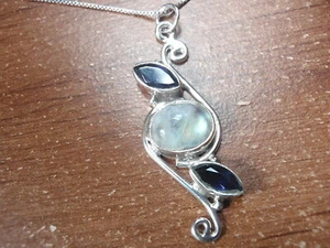Faceted Iolite and Moonstone 3-Gem 925 Sterling Silver Pendant j52u - Picture 1 of 3