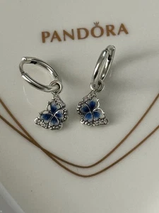 New Genuine Authentic Pandora Silver Blue Butterfly Hoop Earrings 290778C01 - Picture 1 of 3
