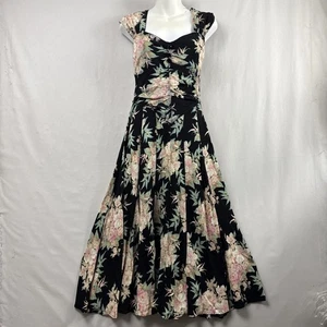 Vestido midi floral vintage Karen Alexander años 80 talla 10 negro tropical sin mangas - Imagen 1 de 15