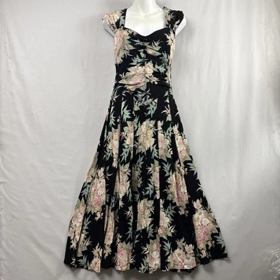Vestido midi floral vintage Karen Alexander años 80 talla 10 negro tropical sin mangas Foto 1 de 4