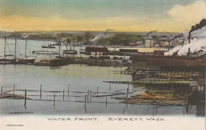 Everett WA Barcos frente al agua, muelles pub coloreado a mano. por J. W. Brattain - Imagen 1 de 2