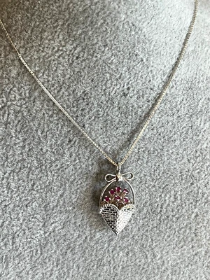 Vintage Red Ruby flower basket pendant 925 Sterling silver 18" L chain necklace - Image 1 of 4