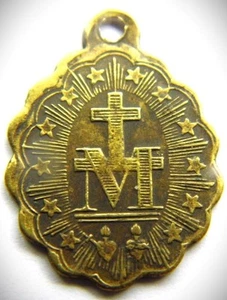 Unusual Antique Brass Miraculous Holy Medal Catholic BVM Mary immaculat Monogram - Picture 1 of 2