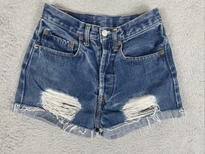 Vintage Levis 501 Distressed Jean Shorts Girls 22 Blue Cut Off Cuffed Custom - Picture 1 of 6