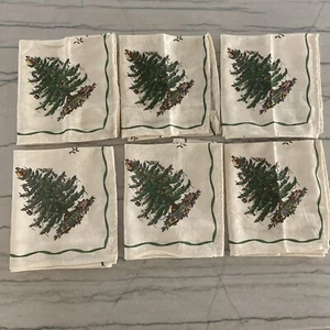 6 Spode Napkins  Christmas Tree 19 X 19 Cream Damask Fabric With Holly & Santa - Picture 1 of 7