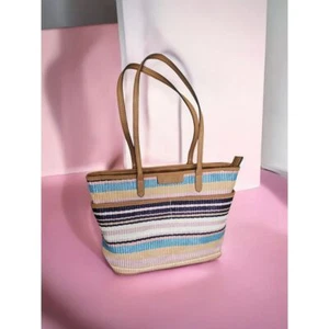 Bolso de Playa de Verano a Rayas con Asas de Cuero Marrón Pastel Multicolor - Imagen 1 de 4