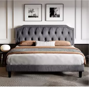 King Size Upholstered Platform Bed with Curved Rhombic Button Tufted Headboard, - Picture 1 of 7