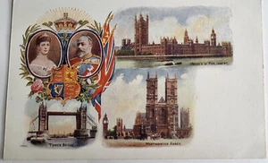 1910 PC KRÖNUNG SOUVENIR KÖNIG GEORGE V & QUEEN MARY FAHNEN SCHILD LONDON STANDORTE - Bild 1 von 2