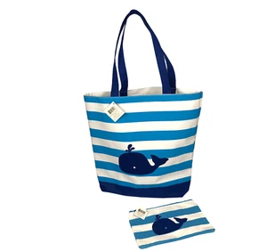 NEW Blue Whale Canvas Summer Beach Tote Bag Purse & Pouch Set Blue White Striped - Picture 1 of 8