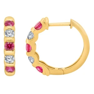 0.45ct Real Diamond & 2.9mm Ruby Hoop Earrings in 925 Sterling Silver - Picture 1 of 12