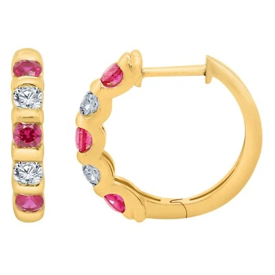 0.45ct Real Diamond & 2.9mm Ruby Hoop Earrings in 925 Sterling Silver - Image 1 of 4