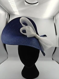 navy blue white straw fascinator millinery burlesque headband wedding hat bow - Picture 1 of 3