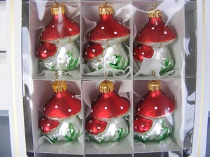 Polish Christmas glass ornaments 6 mushroms POLAND - Zdjęcie 1 z 3