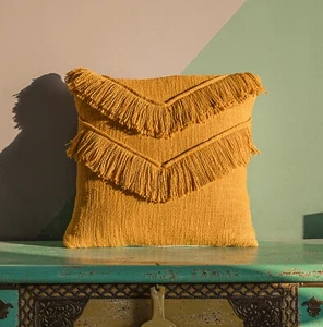 Handmade Mustard Yellow Cotton Cushion Cover 18x18 Inch Boho Fringe pillow - Picture 1 of 4