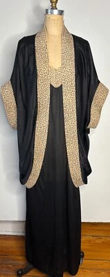 VTG UNDERCOVER WEAR BLACK &LEOPARD INSETS NIGHTGOWN&SHORT PEIGNOIR ROBE 94750*M - Image 1 of 4