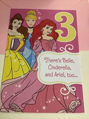 Tarjeta de felicitación Disney feliz 3er cumpleaños Belle Cenicienta y Ariel sello Foto 1 de 4