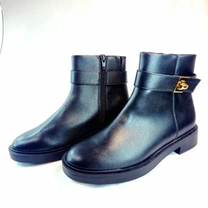 LC Lauren Conrad Tahira Black Ankle Boots Sz 6 Belted Faux Leather Side Zip Flat - Picture 1 of 17