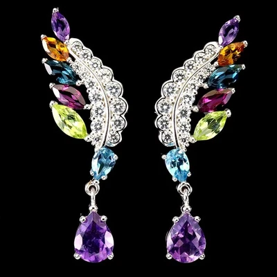 925 Sterling Silver Earrings Pear Amethyst Citrine Peridot Natural Gemstone Jewe - Image 1 of 4