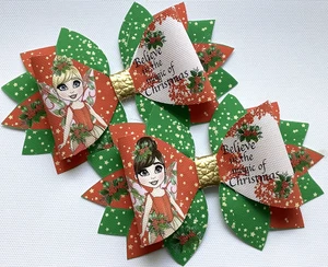 CHRISTMAS FAIRY 5" STATEMENT PRINTED CANVAS FABRIC BOW TEMP MAKE OWN HAIR BOWS - Picture 1 of 5