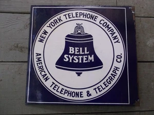 ORIGINAL PORCELAIN AMERICAN TELEPHONE & TELEGRAPH NEW YORK TELEPHONE FLANGE SIGN - Picture 1 of 3