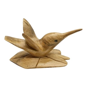 Wood Carved Hummingbird on Leaf Light Wood Folk Art Hand Carved 1.5x3" - Picture 1 of 7