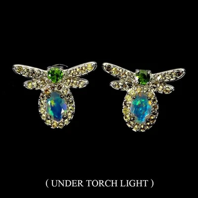 Orecchini in argento sterling 925 opale di fuoco ovale 6x4 mm zaffiro gemma... - Immagine 1 di 4