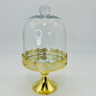 Gold Mirrored Pedestal Display Stand with Glass Dome – 13” Tall Cake Holder - Image 1 of 4