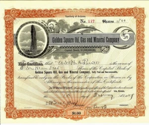 GOLDEN SQUARE OIL GAS MINERAL ARIZONA TERRITORY 1904 AT STOCK CERTIFICATE IOLA - Picture 1 of 3
