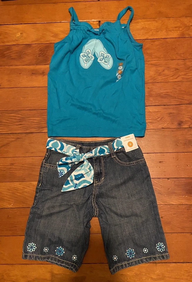 Gymboree Aqua Summer Flip Flops Tank Top & Jean Shorts Set Girls 9 NEW NWT - Image 1 of 1
