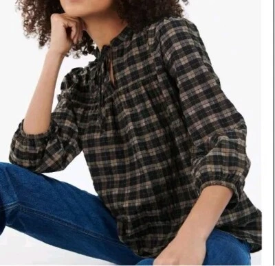 *Barbour Women’s 10 Lorelie Praline Check Tie Neck Seersucker Pheasant Top New  - Image 1 of 4