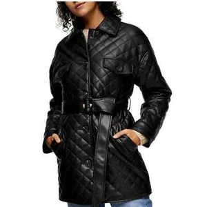 New Topshop Quinn Faux Leather Jacket Black Quilted Belt Collar Pockets Size 4 - Picture 1 of 9