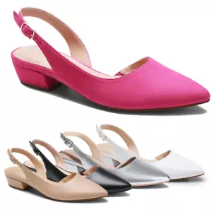 Women Slingback Pump Shoes Close Pointed Toe Low Chunky Heel Pump Shoes - Picture 1 of 33