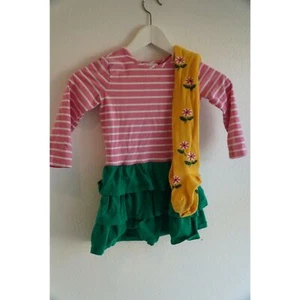 Hanna Andersson Green Pink Ruffle Striped Dress w/ Floral Tights Girl’s Size 4 - Picture 1 of 6