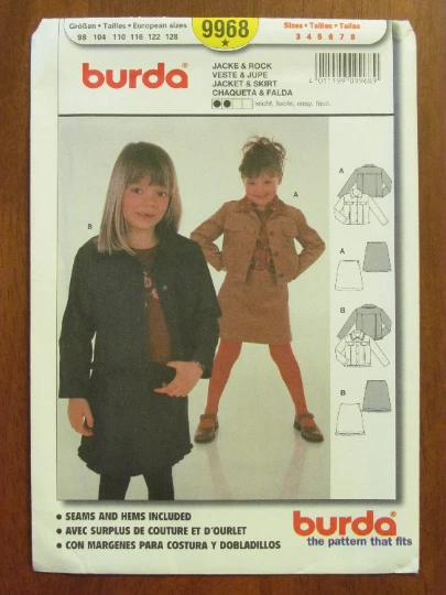 BURDA PATTERN - 9968 GIRL'S UNLINED JACKET YOKE POCKETS A-LINE SKIRT 3-8 UNCUT - Image 1 of 2
