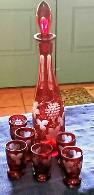 Decanter 16"& 6 Cordials Grapes/Vines 3 1/2"Czech Cranberry Cut to Clear BARWARE - Image 1 of 4