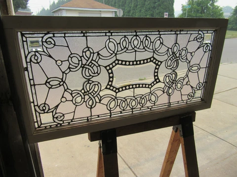 ~ANTIQUE STAINED GLASS TRANSOM WINDOW 46 JEWELS ~ 48 X 24.25 ~ SALVAGE Cover