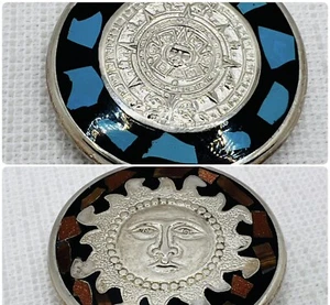 Vintage Sterling Silver Aztec Mayan Calendar Sun Pendant Reversible 43g - Picture 1 of 9