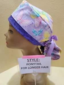 Sparkle Butterflies Purple Women's Ponytail Surgical Scrub Hat/Cap Handmade - Picture 1 of 9